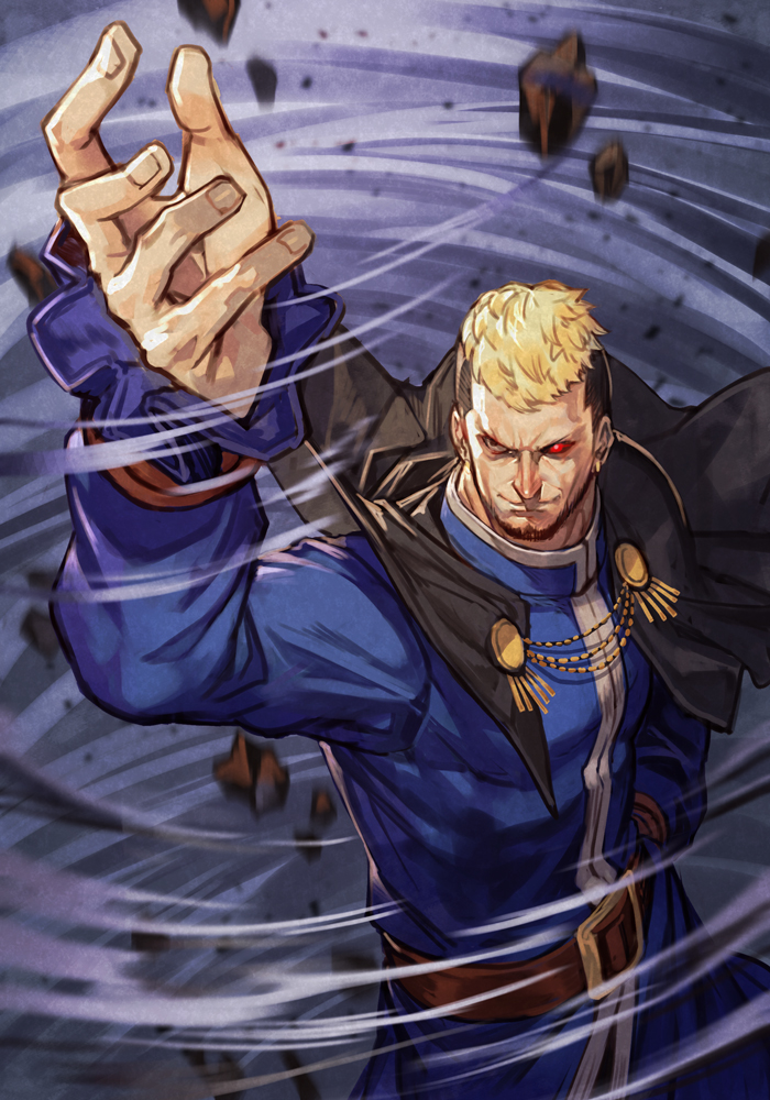 1boy, beard, belt, black_cape, black_hair, blonde_hair, brown_belt, cape