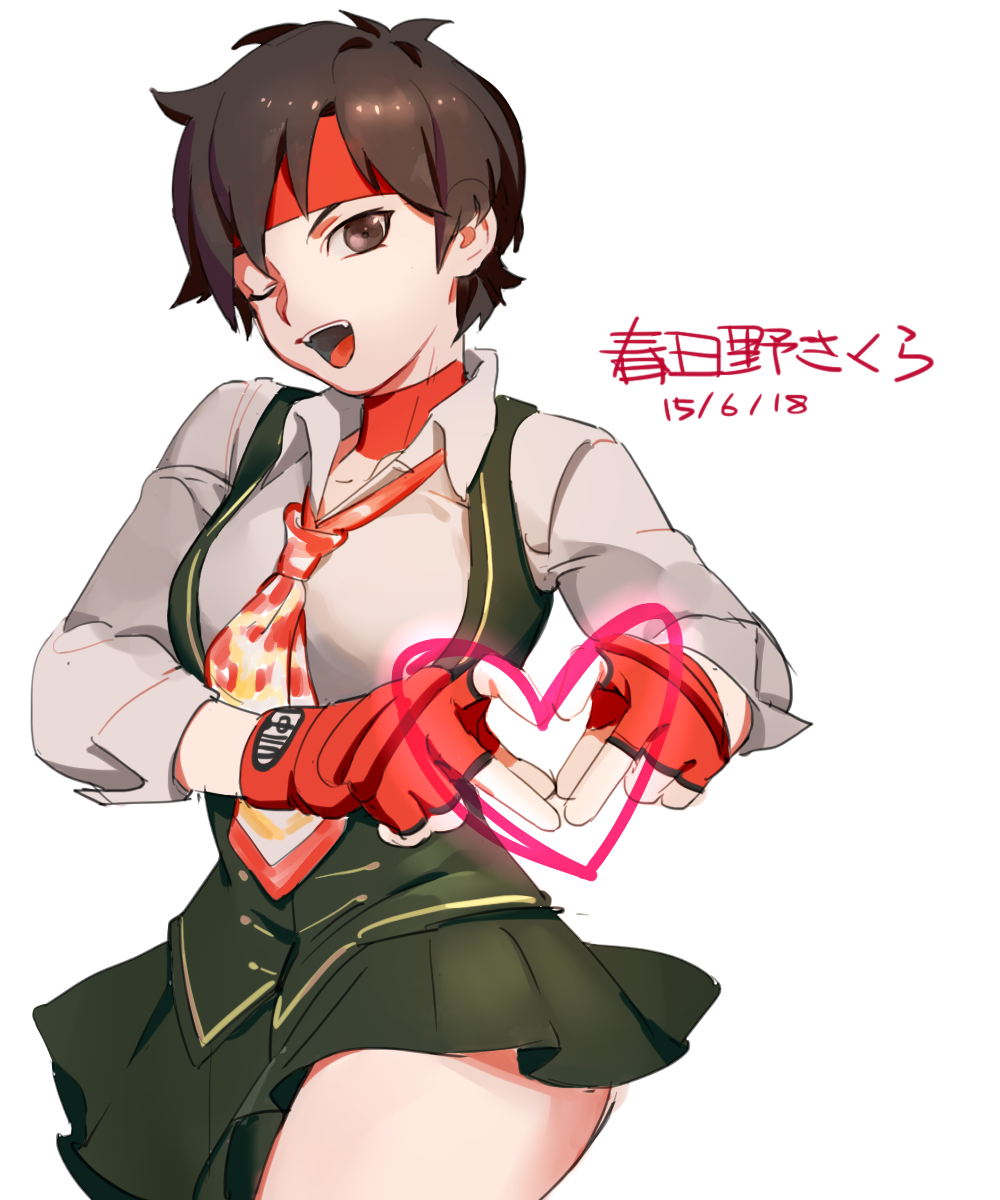 1girl, breasts, brown_hair, fangs, fingerless_gloves, gloves, headband, heart
