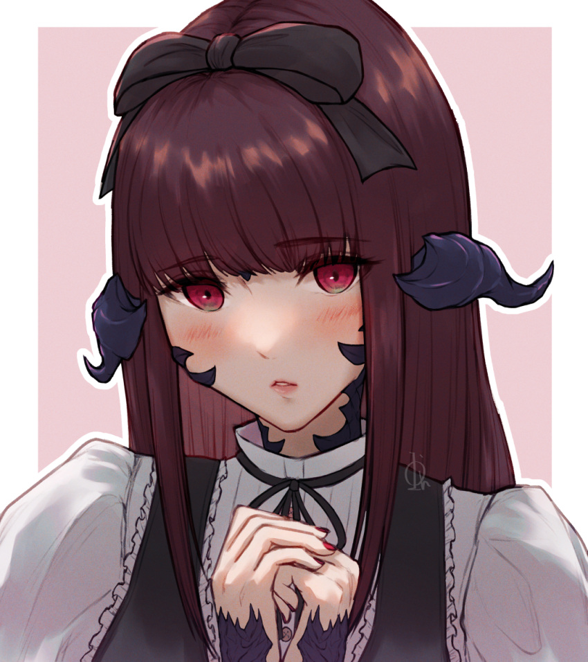 1girl, au_ra, avatar_(ff14), black_ribbon, blush, final_fantasy, final_fantasy_xiv, hair_ribbon, highres, horns, iori_haori, long_hair, looking_at_viewer, nail_polish, own_hands_together, parted_lips, portrait, puffy_sleeves, red_eyes, red_nails, redhead, ribbon, scales, solo, watermark