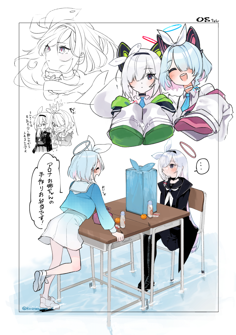 ..., 2girls, :d, a.r.o.n.a_(blue_archive), adapted_costume, animal_ear_headphones, animal_ears, arona_(blue_archive), black_choker, black_coat, black_footwear, black_hairband, black_sailor_collar, blue_archive, blue_hair, blue_necktie, blue_serafuku, blush, bottle, bow, braid, cat_ear_headphones, chair, choker, closed_mouth, coat, collared_shirt, cosplay, desk, drinking, fake_animal_ears, grey_eyes, hair_bow, hair_over_one_eye, hairband, halo, headphones, kuronuma_s, long_sleeves, looking_at_viewer, midori_(blue_archive), midori_(blue_archive)_(cosplay), momoi_(blue_archive), momoi_(blue_archive)_(cosplay), multiple_girls, neckerchief, necktie, open_clothes, open_coat, sailor_collar, school_chair, school_desk, school_uniform, serafuku, shirt, short_hair, sketch, skirt, sleeves_past_fingers, sleeves_past_wrists, smile, spoken_ellipsis, translation_request, white_bow, white_choker, white_footwear, white_hair, white_neckerchief, white_sailor_collar, white_shirt, white_skirt, wrapped_bento