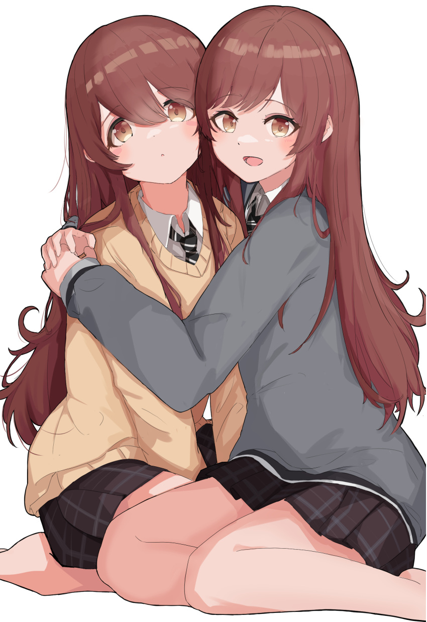 2girls, absurdres, black_skirt, blush, brown_hair, diagonal-striped_necktie, highres, hug, idolmaster, idolmaster_shiny_colors, kneeling, long_hair, looking_at_viewer, multiple_girls, osaki_amana, osaki_tenka, plaid, pleated_skirt, raichita, siblings, simple_background, sisters, skirt, smile, straight_hair, sweater_vest, twins, very_long_hair, white_background, yuri