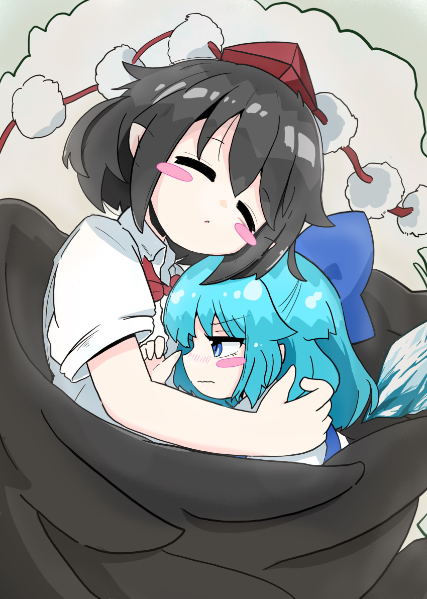 2girls, absurdres, bird_wings, black_hair, black_wings, blue_bow, blue_eyes, blue_hair