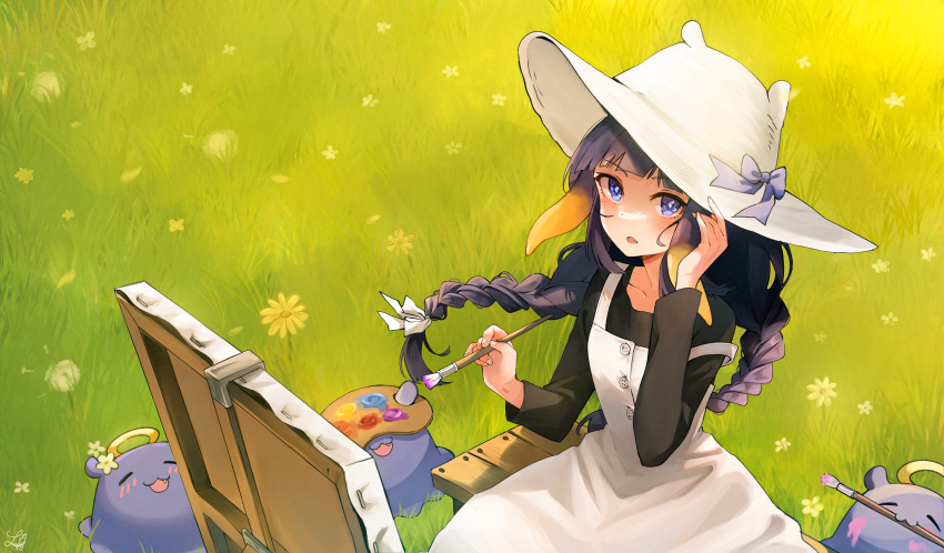 1girl, :o, absurdres, black_shirt, blue_eyes, blunt_bangs, blush, braid