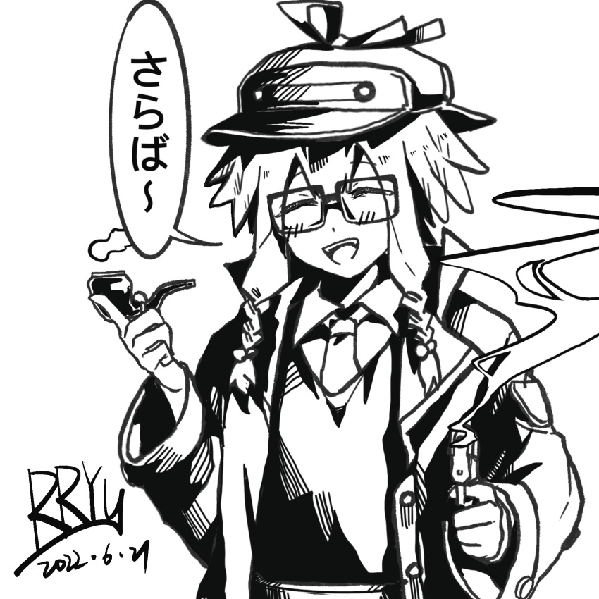 1girl, arknights, artist_name, closed_eyes, coat, dated, deerstalker, greyscale