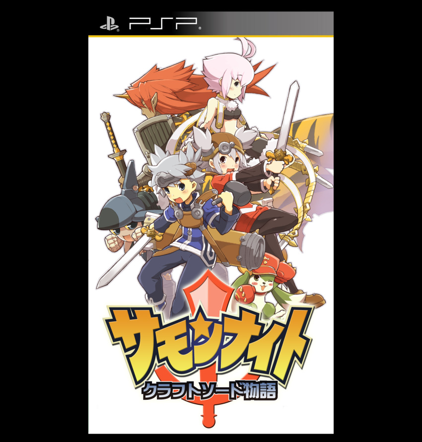 2girls, 4boys, blush, brown_headwear, cleru, cover, fake_cover, handheld_game_console