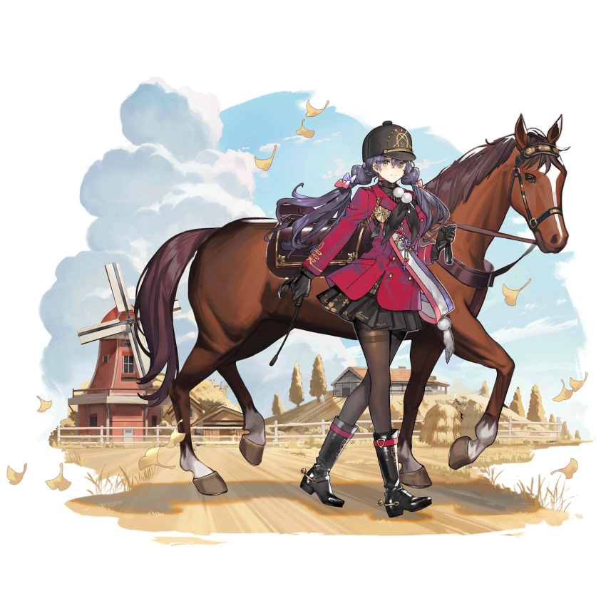 1girl, animal, barn, black_footwear, black_gloves, black_neckerchief, black_shirt, black_skirt