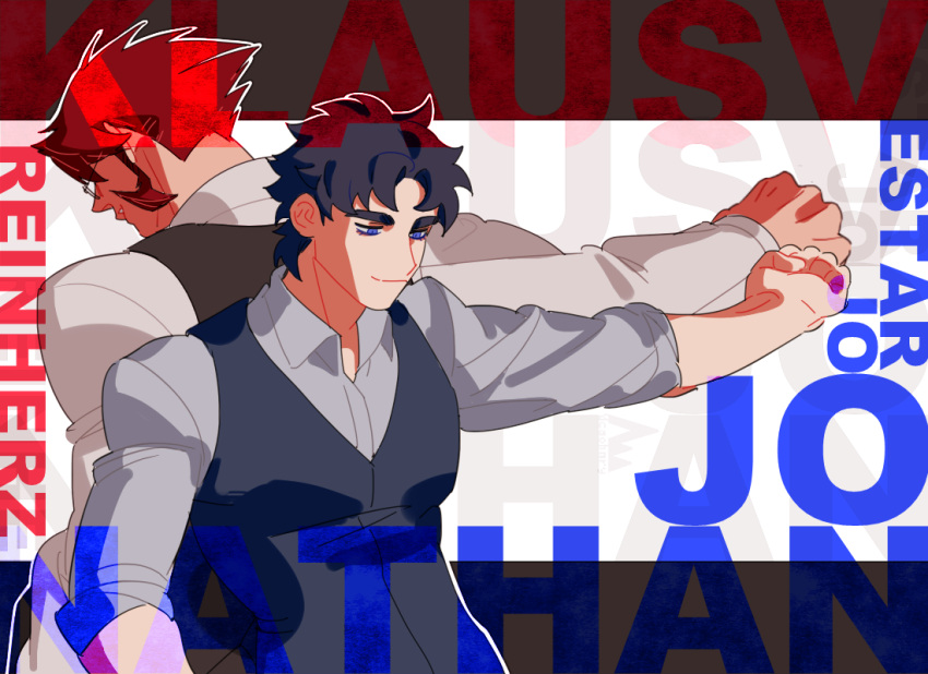 2boys, back-to-back, blue_eyes, blue_hair, character_name, clenched_hand, jojo_no_kimyou_na_bouken, jonathan_joestar