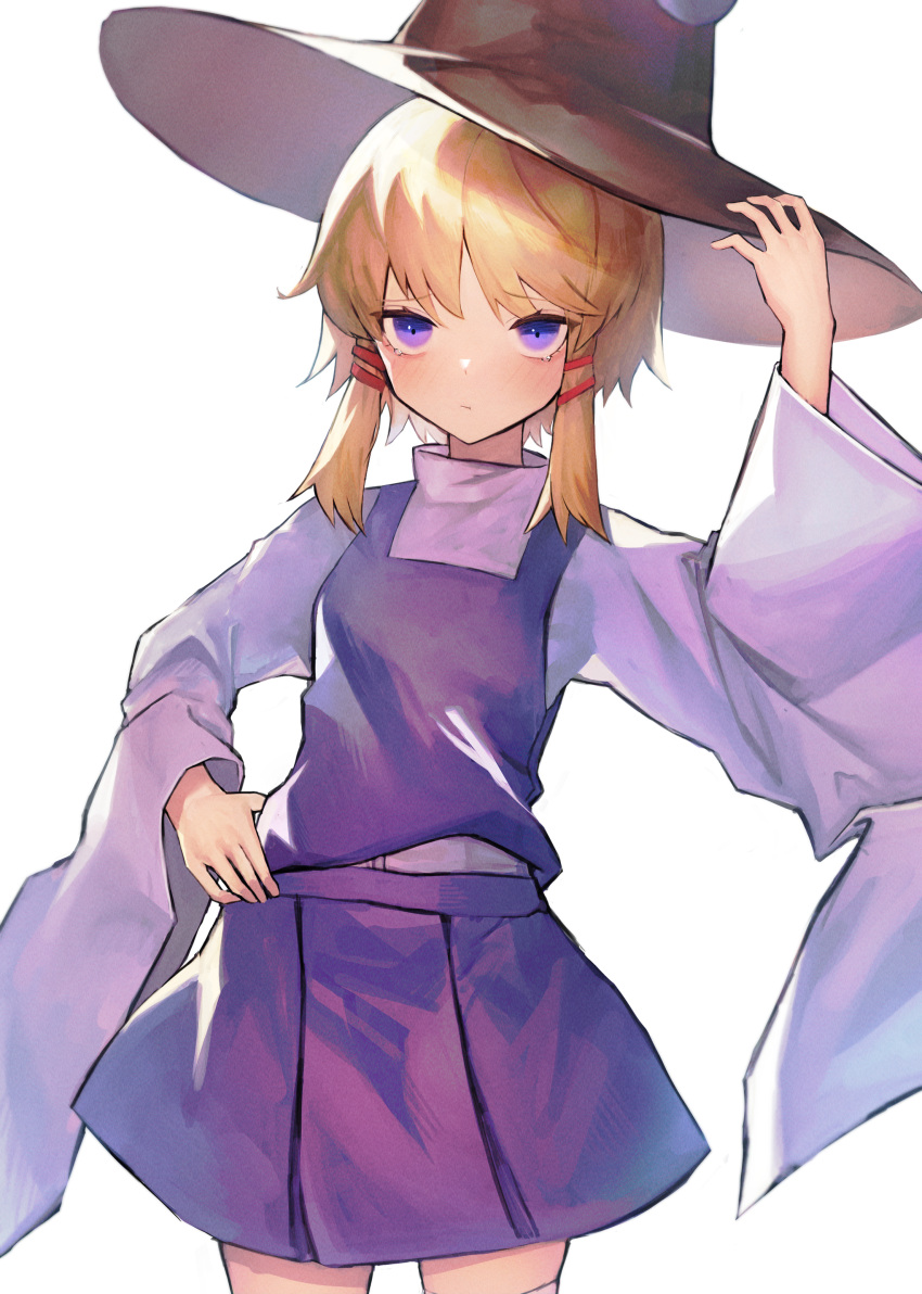 1girl, :/, absurdres, blonde_hair, blush, breasts, cowboy_shot, hair_ribbon, hand_on_own_hip, hand_up, hat, highres, leste_(humansequencer), moriya_suwako, purple_skirt, ribbon, short_hair_with_long_locks, simple_background, skirt, skirt_set, small_breasts, solo, thigh-highs, touhou, vest, violet_eyes, white_background, wide_sleeves