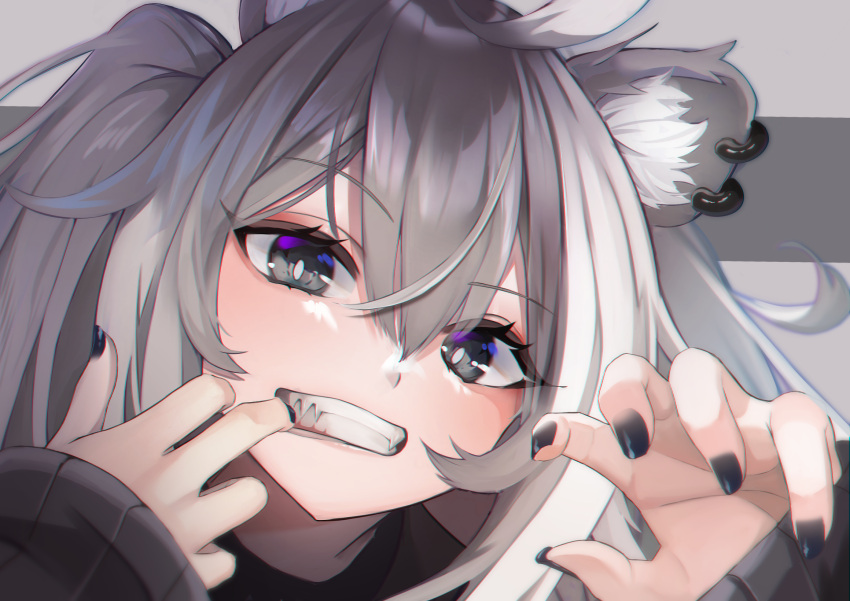 1girl, animal_ears, black_nails, earrings, grey_background, grey_eyes, grey_hair, highres