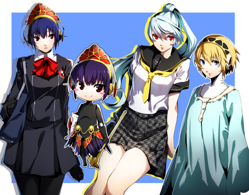 3girls, aegis_(persona), alternate_costume, android, bag, black_bag, black_hair, black_sailor_collar