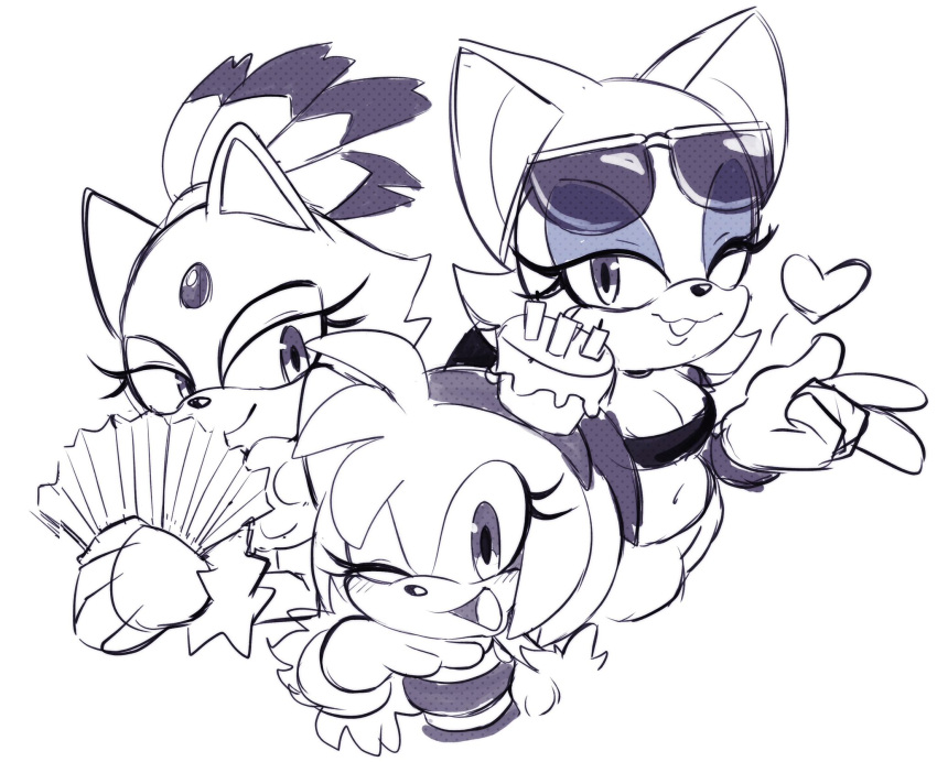 3girls, ;d, amy_rose, animal_ears, bat_ears, bat_girl, blaze_the_cat, cat_ears