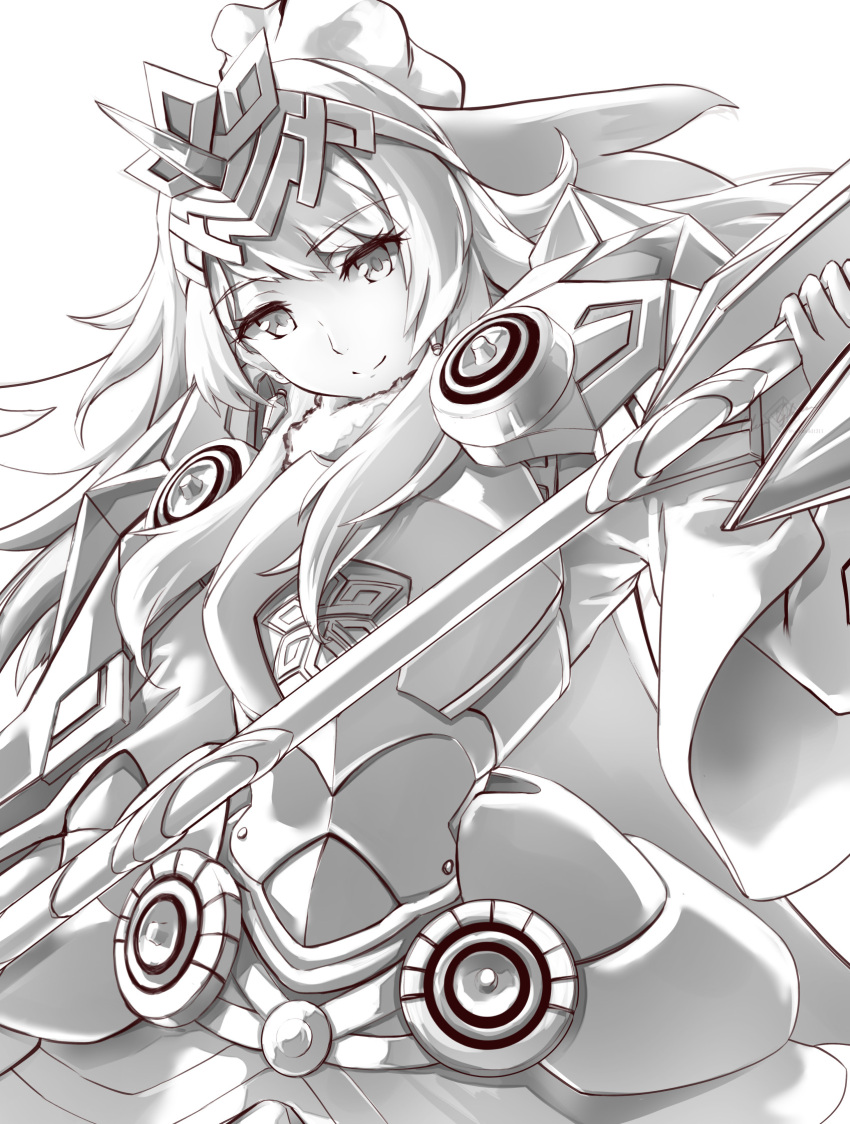 1girl, armor, armored_dress, axe, clear_glass_(mildmild1311), crown, family_crest, fire_emblem, fire_emblem_heroes, fjorm_(fire_emblem), fjorm_(ice_ascendant)_(fire_emblem), hair_over_shoulder, highres, holding, holding_axe, long_hair, looking_down, monochrome, official_alternate_costume, smile, solo, white_background