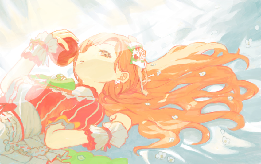 1girl, apple, brown_hair, food, fruit, goto_(cach8237), hair_spread_out, holding, holding_food, holding_fruit, idolmaster, idolmaster_cinderella_girls, idolmaster_cinderella_girls_starlight_stage, looking_at_viewer, lying, on_back, puffy_short_sleeves, puffy_sleeves, red_shirt, shirt, short_sleeves, solo, striped, striped_shirt, tsujino_akari, upper_body, wrist_cuffs