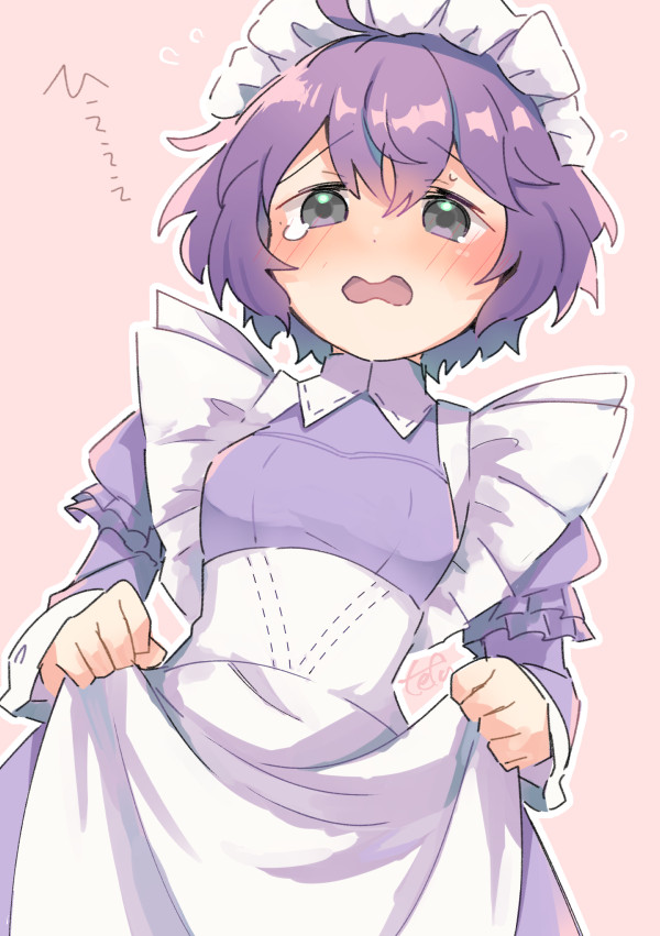 1girl, alternate_costume, apron, apron_grab, apron_lift, bernadetta_von_varley, blush, dress