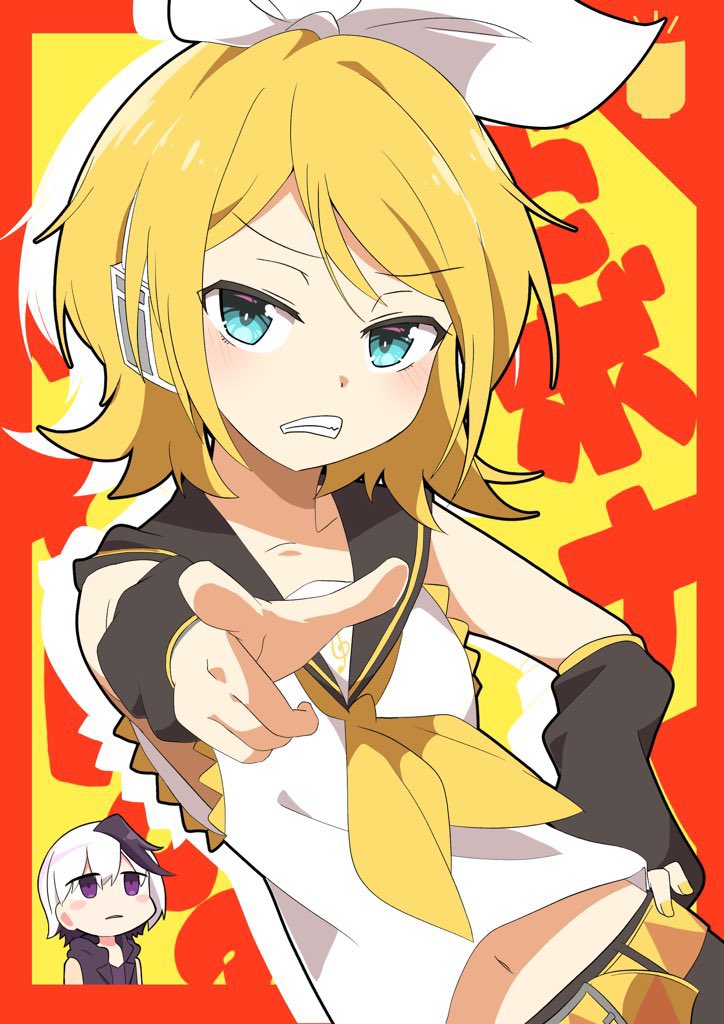 2girls, aqua_eyes, bare_shoulders, belt, blonde_hair, bow, chibi, clenched_teeth