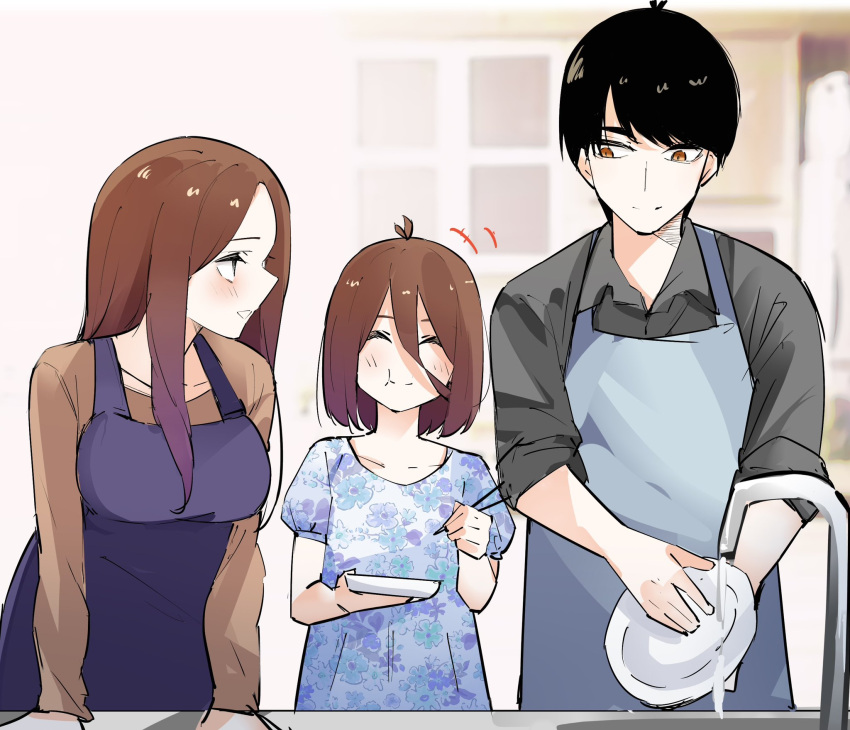 1boy, 2girls, :t, ^_^, aged_up, alternate_hairstyle, antenna_hair, apron, black_hair, black_shirt, blue_apron, blue_dress, blurry, blurry_background, blush, breasts, brown_hair, brown_shirt, chopsticks, closed_eyes, closed_mouth, commentary, couple, dress, eating, family, father_and_daughter, female_child, floral_print, go-toubun_no_hanayome, hair_over_one_eye, happy, hetero, highres, holding, holding_chopsticks, if_they_mated, indoors, large_breasts, long_hair, long_sleeves, looking_at_another, mame1645, medium_hair, mother_and_daughter, multiple_girls, nakano_miku, open_mouth, profile, puffy_short_sleeves, puffy_sleeves, purple_apron, shirt, short_hair, short_sleeves, sidelocks, smile, straight-on, swept_bangs, uesugi_fuutarou, washing, yellow_eyes