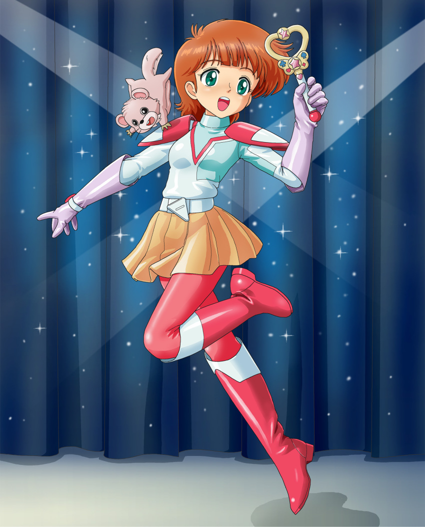 1girl, :d, boots, brown_hair, curtains, elbow_gloves, full_body, gloves, green_eyes, highres, indoors, jumping, kazuki_mai, magical_girl, mahou_no_star_magical_emi, orange_skirt, short_hair, skirt, smile, solo, spotlight, topo_(magical_emi), verdun_(berudan), wand