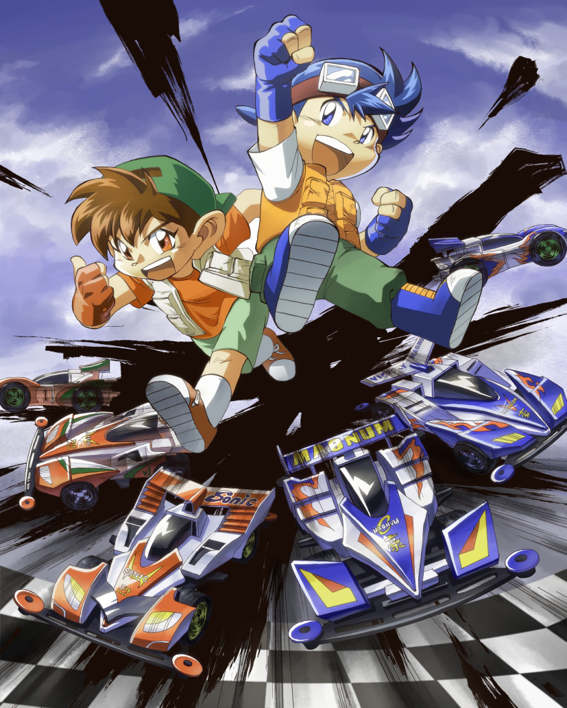2boys, arm_up, backwards_hat, bakusou_kyoudai_let's_&amp;_go!!, blue_eyes, blue_footwear, blue_gloves, blue_hair, brothers, brown_hair, car, gloves, goggles, goggles_on_head, green_headwear, green_pants, green_shorts, harukiti7, hat, jumping, male_focus, mini_4wd, motor_vehicle, multiple_boys, open_mouth, orange_gloves, pants, partially_fingerless_gloves, race_vehicle, racecar, seiba_gou, seiba_retsu, shoes, shorts, siblings, sneakers, socks, teeth, thumbs_up, upper_teeth_only, vest, white_socks