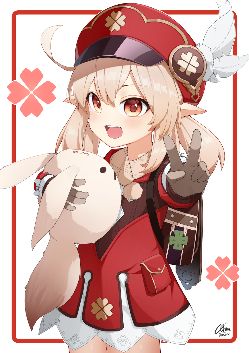 1girl, :d, ahoge, backpack, bag, brown_gloves, brown_scarf, cabbie_hat
