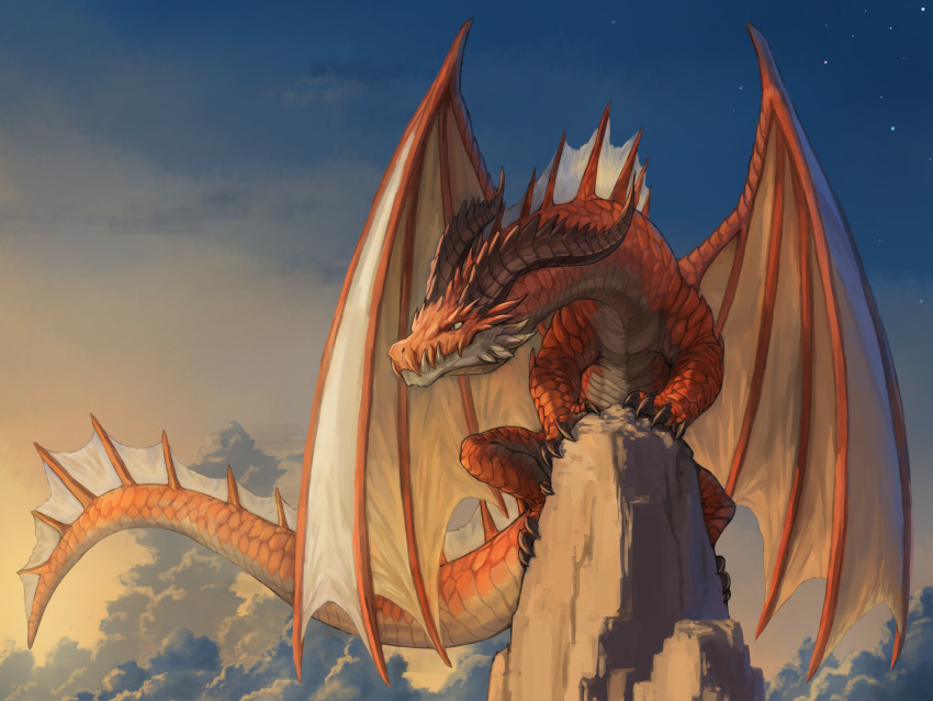absurdres, claws, clouds, dragon, dragon_claw, dragon_horns, dragon_tail, dragon_wings