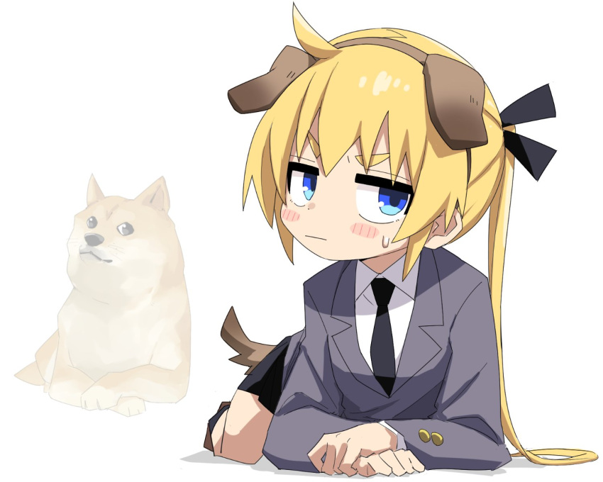 1girl, animal_ears, black_ribbon, blonde_hair, blue_eyes, blush, closed_mouth, collared_shirt
