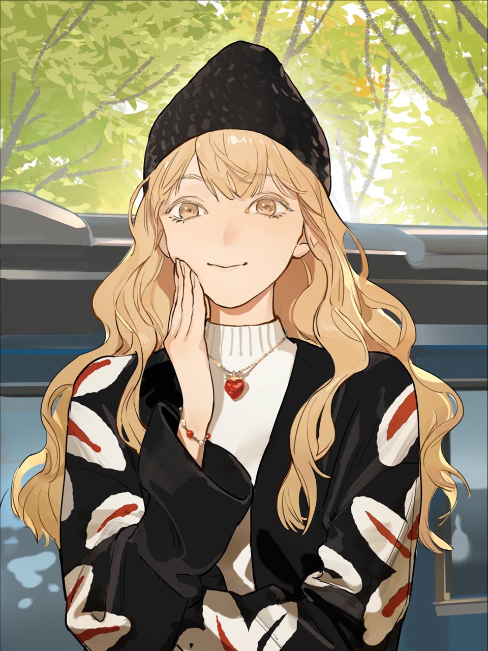 1girl, alternate_costume, black_headwear, black_jacket, blonde_hair, bracelet, car, floral_print