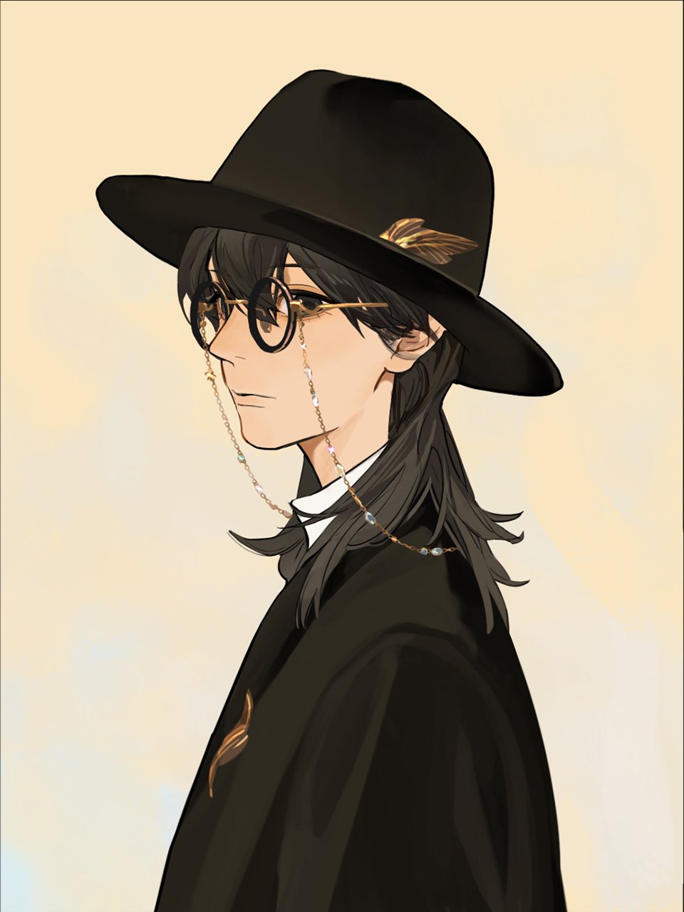1girl, alternate_costume, black_hair, black_jacket, brown_eyes, chain, diamond_(gemstone), fedora