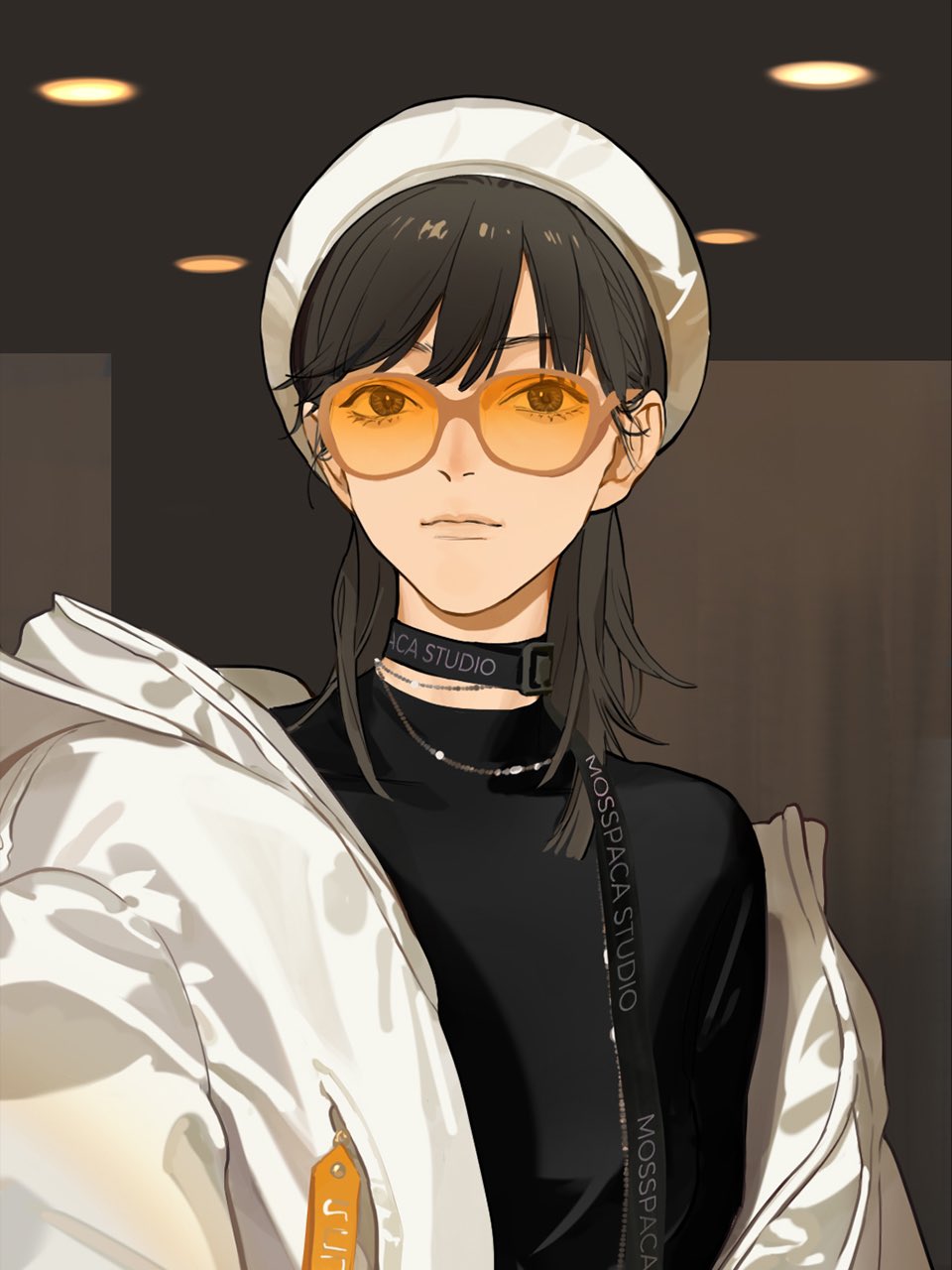 1girl, alternate_costume, black_hair, black_sweater, collar, english_text, hat, highres