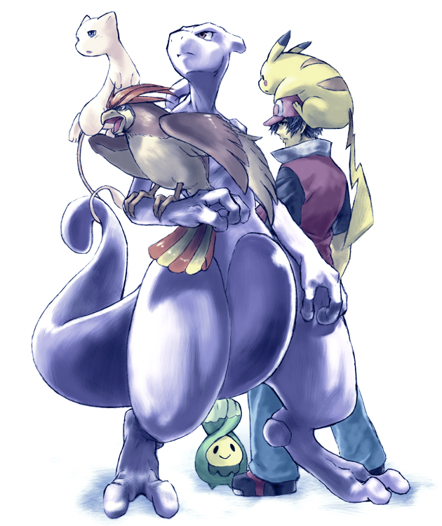 1boy, agakunoda, baseball_cap, black_hair, budew, hat, mew, mewtwo