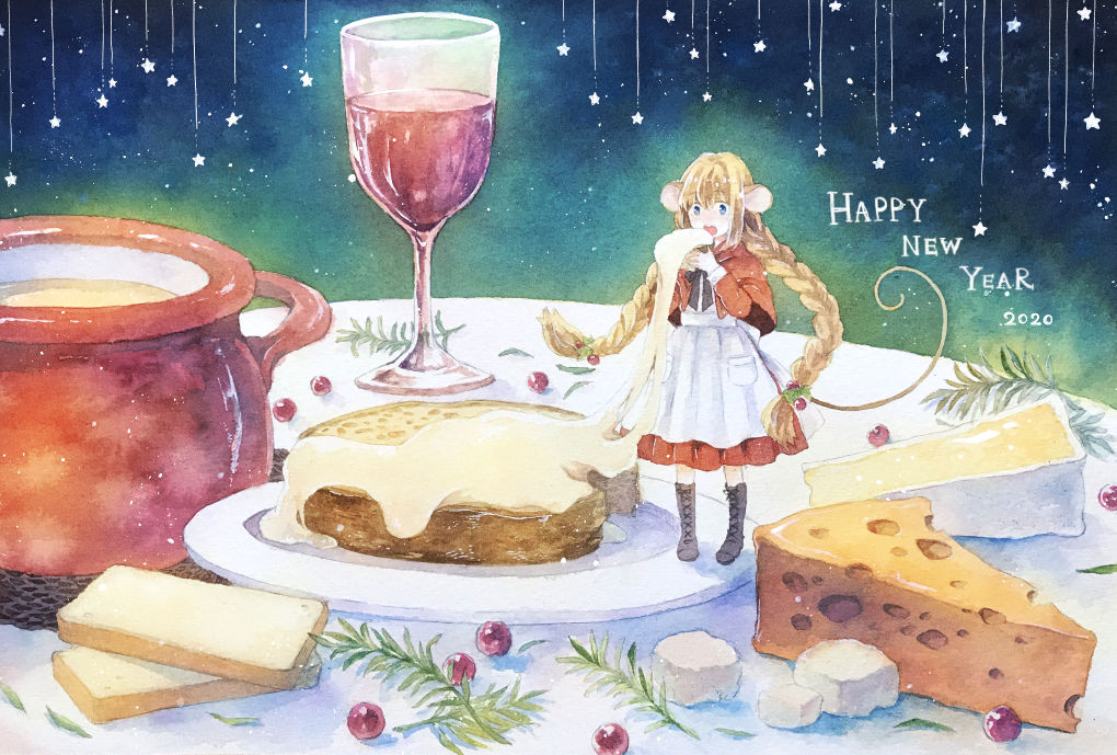 1girl, animal_ears, blonde_hair, blue_eyes, boots, braid, bread, cake, cheese, cup, dated, dress, drink, eating, food, garnish, happy_new_year, mouse_ears, mouse_girl, mouse_tail, nengajou, new_year, on_table, original, plate, red_dress, skirt, sora_ivy, standing, table, tail, twin_braids