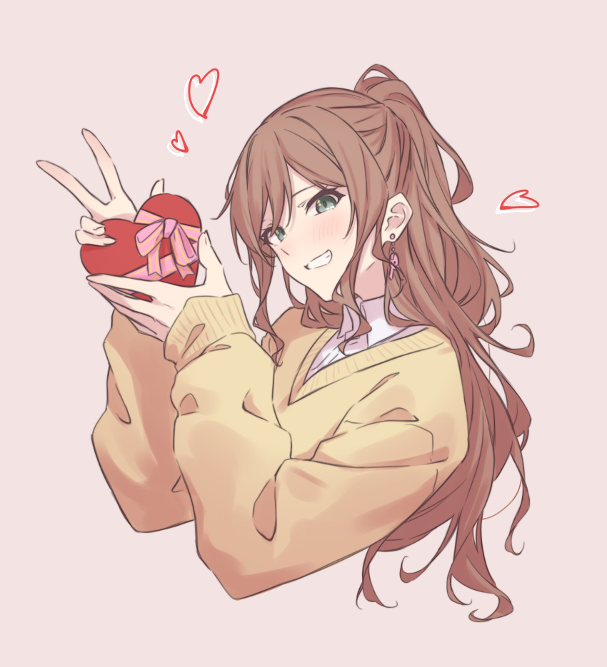1girl, bang_dream!, brown_hair, chocolate, earrings, green_eyes, grin, half_updo