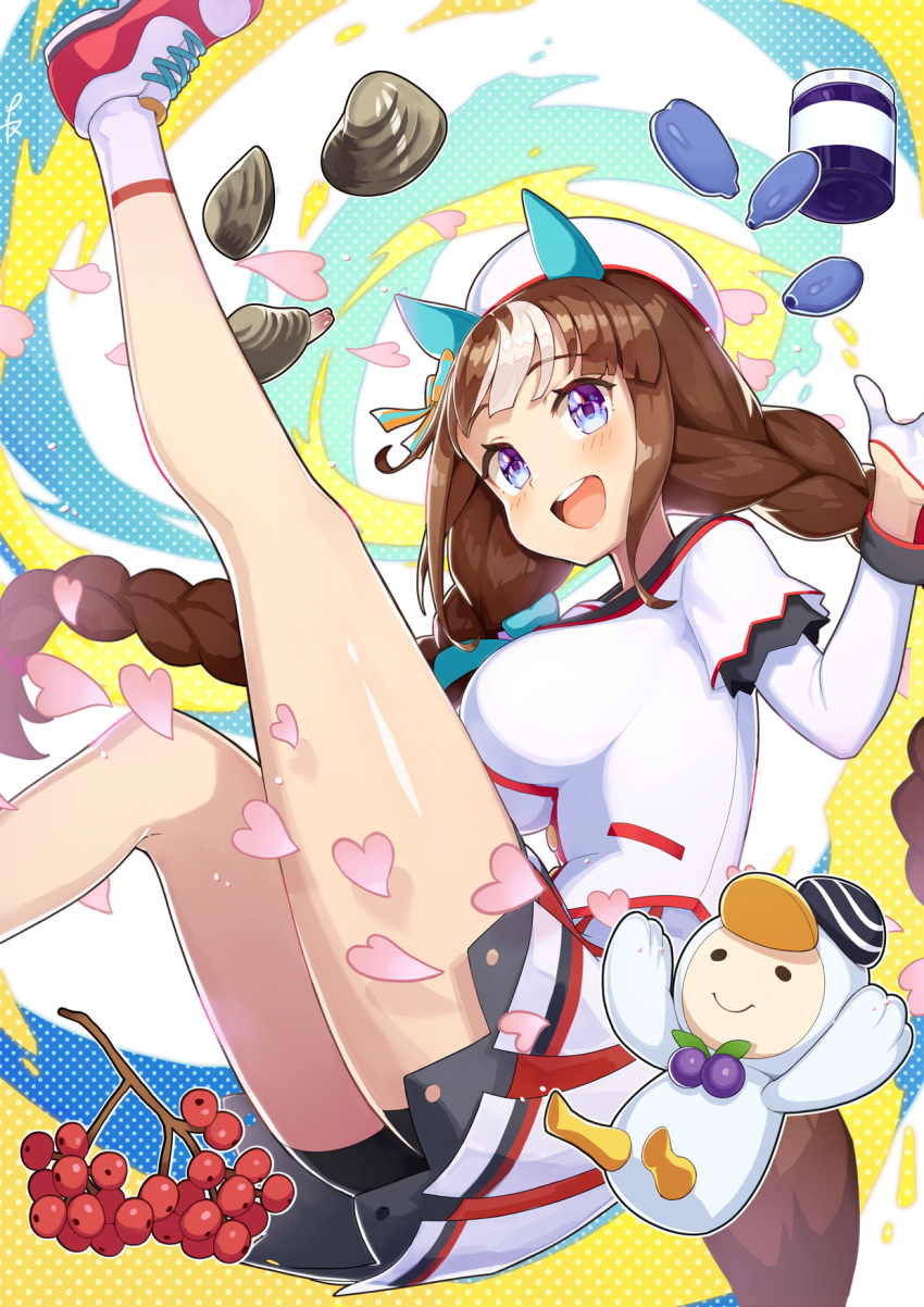 :d, animal_ears, beret, berry, bike_shorts, blue_eyes, blunt_bangs, braid, breasts, brown_hair, clam, commentary_request, ear_covers, gloves, half_gloves, haskap, hat, highres, hokko_tarumae_(umamusume), horse_ears, horse_girl, inomata_konomu, large_breasts, long_hair, looking_to_the_side, multicolored_hair, red_footwear, sailor_hat, shoes, shorts, shorts_under_skirt, smile, sneakers, socks, tomachop, twin_braids, twintails, two-tone_hair, umamusume, white_gloves, white_hair, white_headwear, white_socks