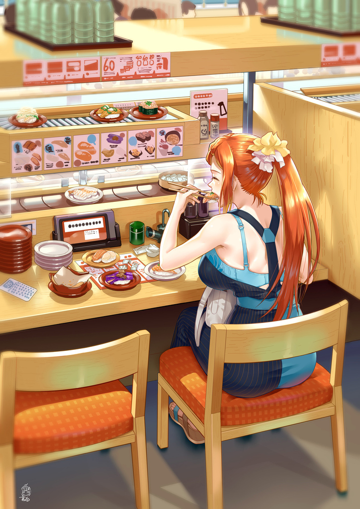 1girl, chair, chopsticks, closed_eyes, conveyor_belt_sushi, eating, food, ge_xi, hair_ornament, hair_scrunchie, indoors, lien_ai-chiang, long_hair, orange_hair, plate, ponytail, sandals, scrunchie, sitting, solo, sushi, witches_in_7th_base