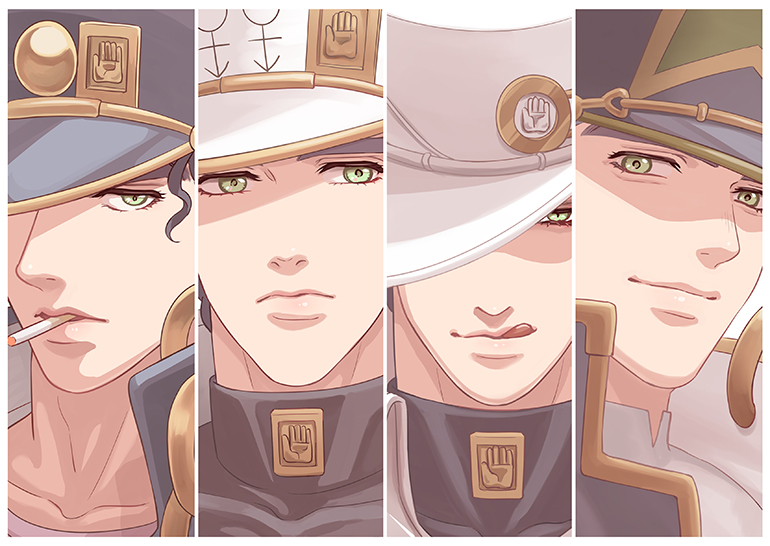 4boys, black_hair, column_lineup, diamond_wa_kudakenai, green_eyes, hand_ornament, hat, hat_over_one_eye
