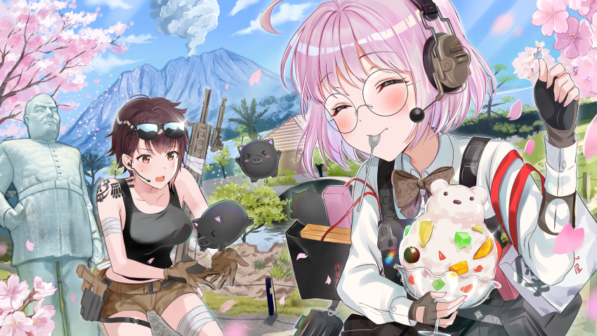 2girls, absurdres, ahoge, animal_print, bob_cut, brown_hair, camouflage, camouflage_skirt, delta_(nikke), eyewear_on_head, field_radio, fingerless_gloves, food, glasses, gloves, goddess_of_victory:_nikke, headset, highres, holster, knife_holster, microphone, multiple_girls, niwata0, pig, plate_carrier, pouch, rabbit_print, radio, scenery, short_hair, shorts, signal_(nikke), skirt, spoon, sunglasses, tank_top, tattoo, utensil_in_mouth, weapon, weapon_on_back, white_hair, yellow_eyes