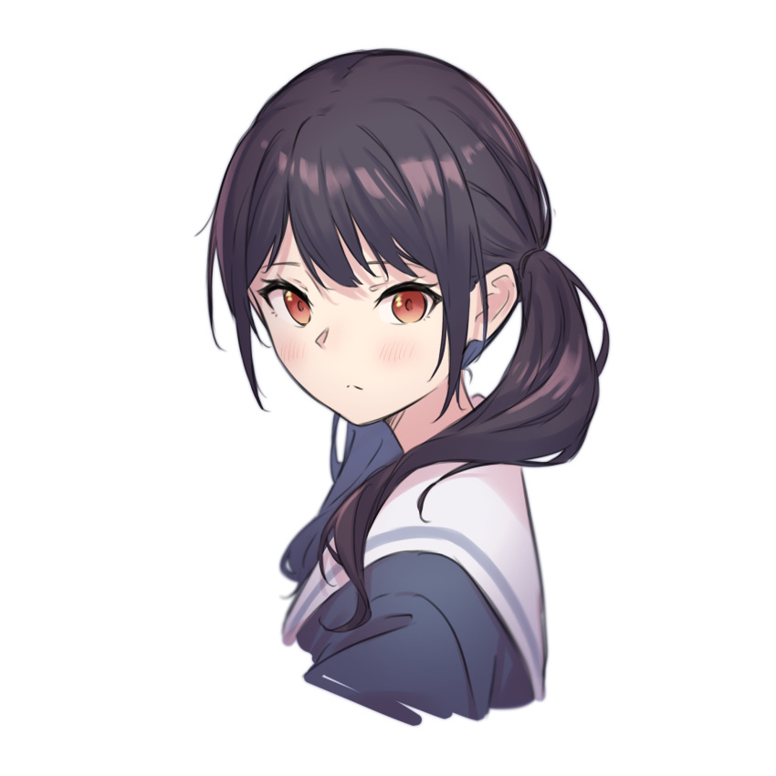 1girl, bang_dream!, black_hair, futaba_tsukushi, highres, light_blush, looking_at_viewer, medium_hair, red_eyes, school_uniform, solo, sou_(user_hgyh8775), twintails, upper_body, white_background