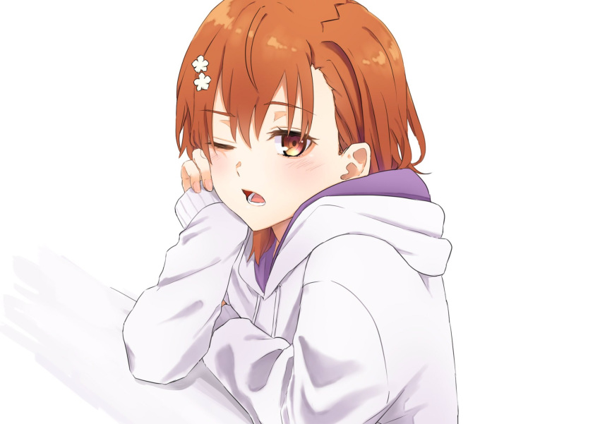1girl, aic_oekaki, alternate_costume, blush, brown_eyes, brown_hair, flower, hair_flower