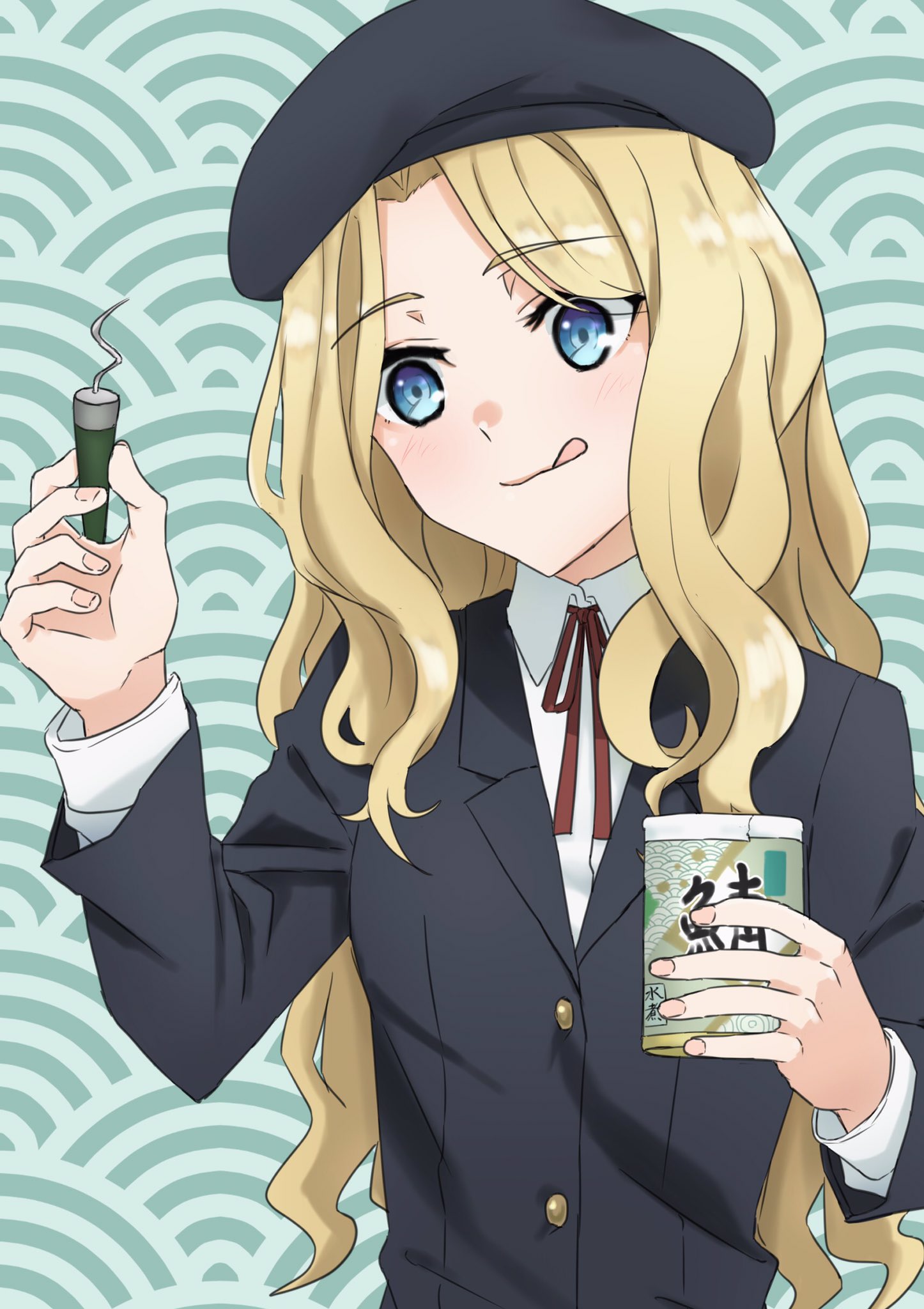 1girl, :q, aic_oekaki, beret, black_headwear, black_jacket, blazer, blonde_hair