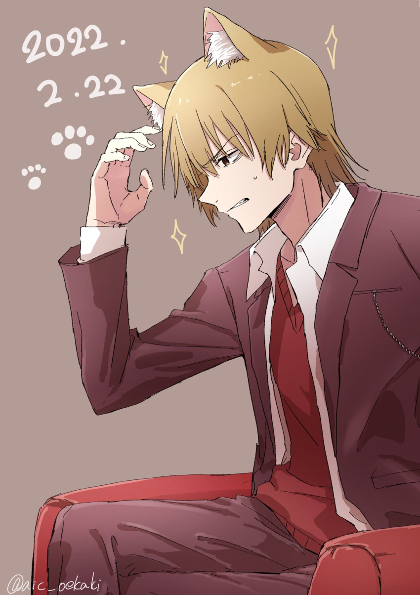 1boy, aic_oekaki, animal_ears, brown_background, brown_hair, cat_day, cat_ears, chair