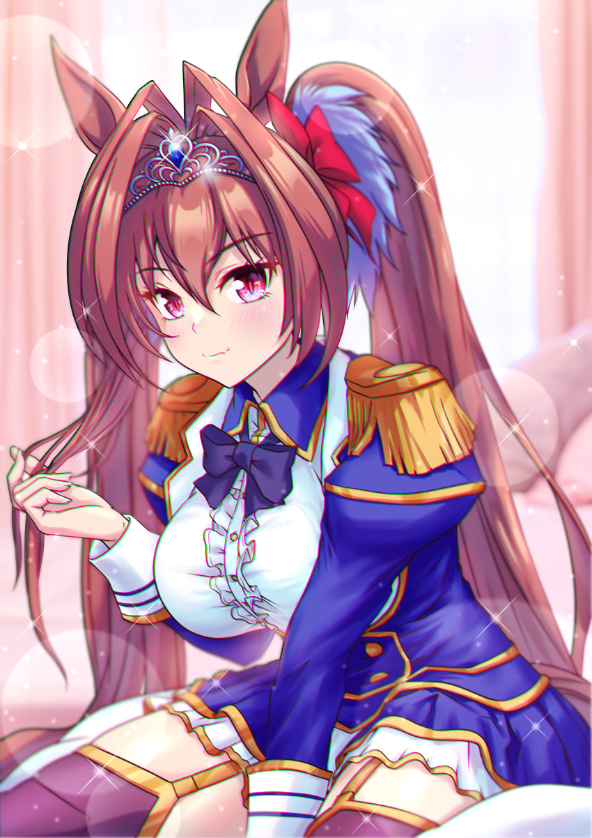 1girl, absurdres, aiguillette, antenna_hair, black_thighhighs, blue_bow, blue_bowtie, blue_jacket