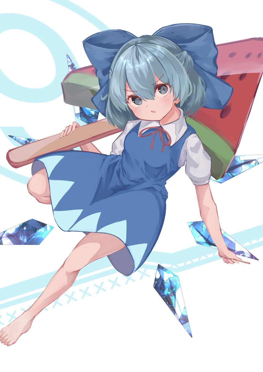 1girl, absurdres, barefoot, blue_bow, blue_dress, blue_eyes, blue_hair, bow