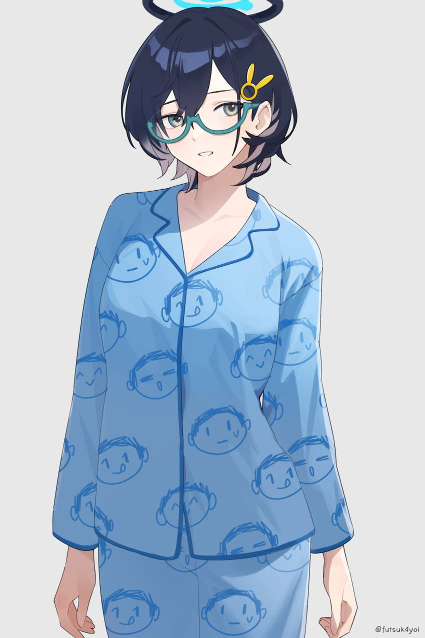 1girl, absurdres, arona's_sensei_doodle_(blue_archive), blue_archive, blue_hair, chihiro_(blue_archive), futsukayoi, glasses