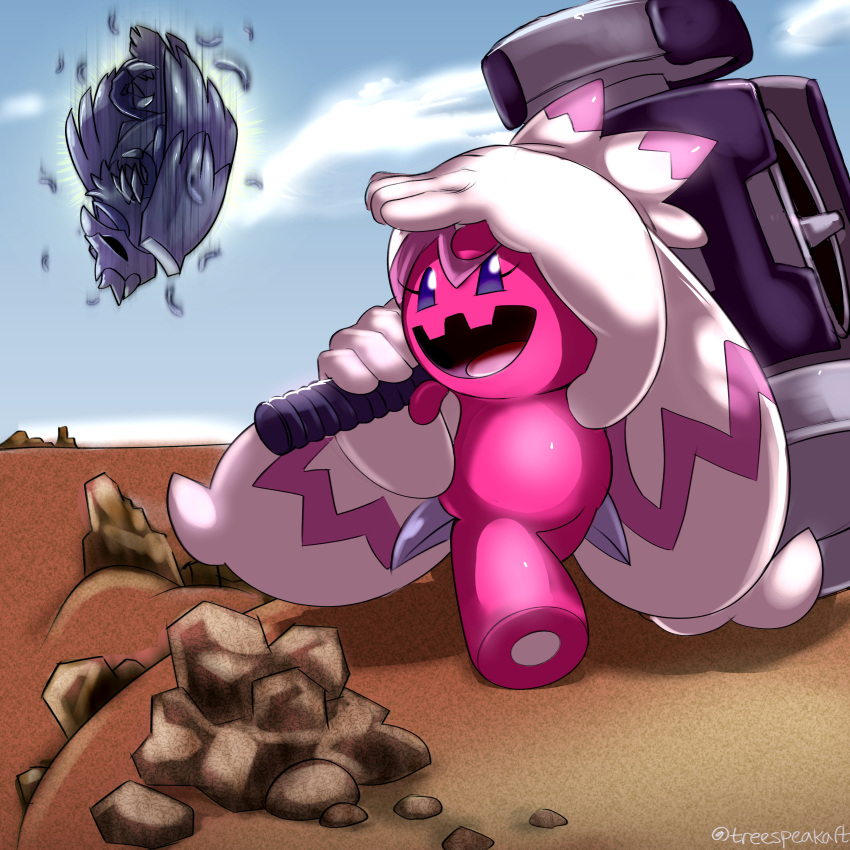 absurdres, artist_name, blue_sky, corviknight, halee, hammer, highres, holding, holding_hammer, holding_weapon, no_humans, outdoors, pokemon, pokemon_(creature), rock, sky, tinkaton, treespeakart, watermark, weapon