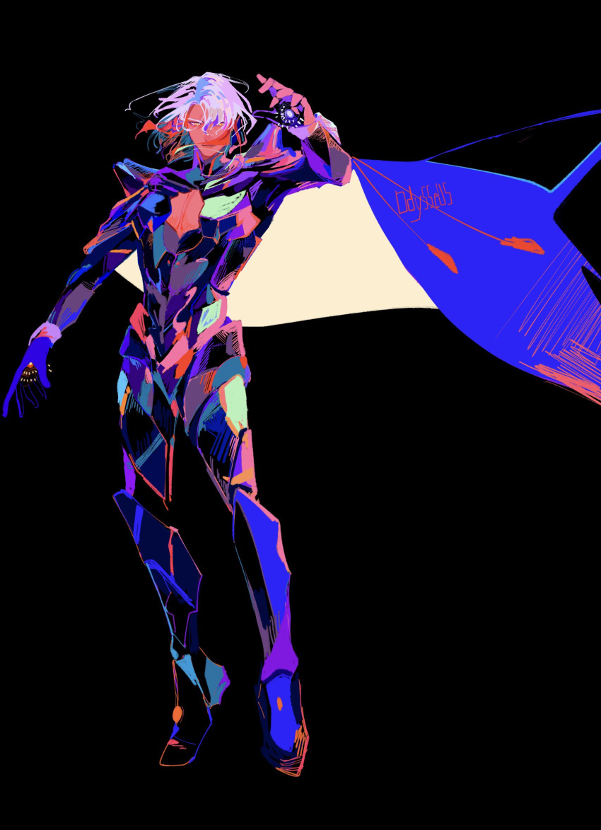 1boy, armor, black_armor, black_background, body_armor, cape, cleavage_cutout, clothing_cutout