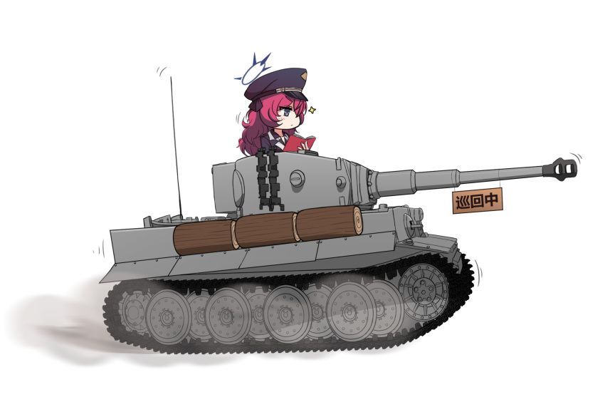 1girl, black_coat, blue_archive, book, coat, commentary_request, facing_away, grey_eyes, hair_between_eyes, halo, hat, highres, holding, holding_book, iroha_(blue_archive), long_hair, long_sleeves, looking_away, military, military_vehicle, motor_vehicle, nanju_bami, necktie, open_clothes, open_coat, peaked_cap, redhead, riding, sidelocks, simple_background, solo, tank, tiger_i, turret, wavy_hair, white_background