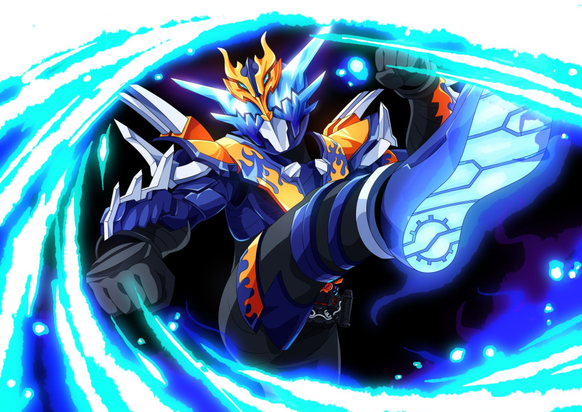 1boy, asymmetrical_armor, black_background, black_bodysuit, blue_armor, blue_fire, bodysuit, build_driver