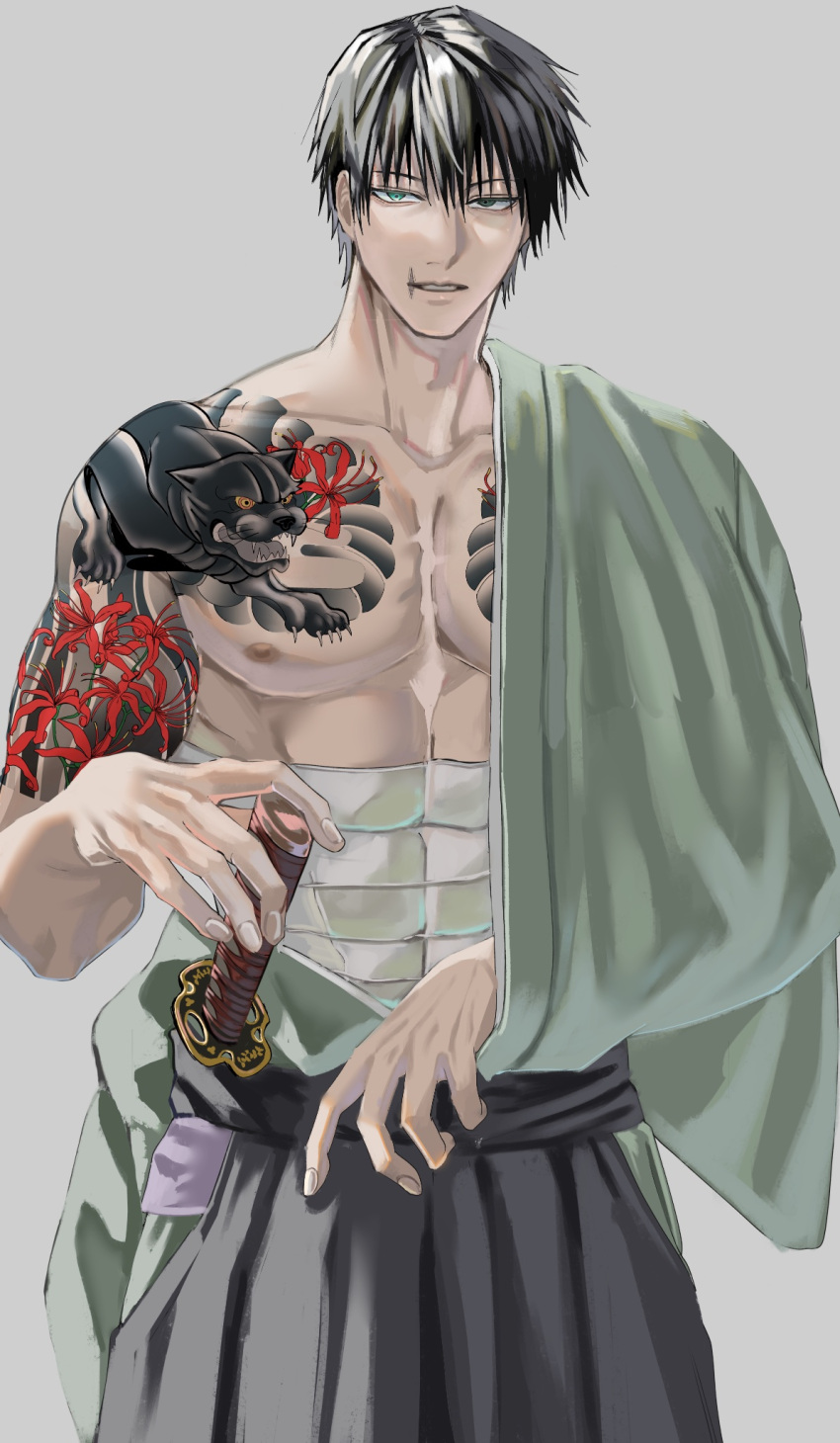 1boy, bandages, black_hair, blue_eyes, chest_tattoo, cowboy_shot, fushiguro_touji, green_kimono