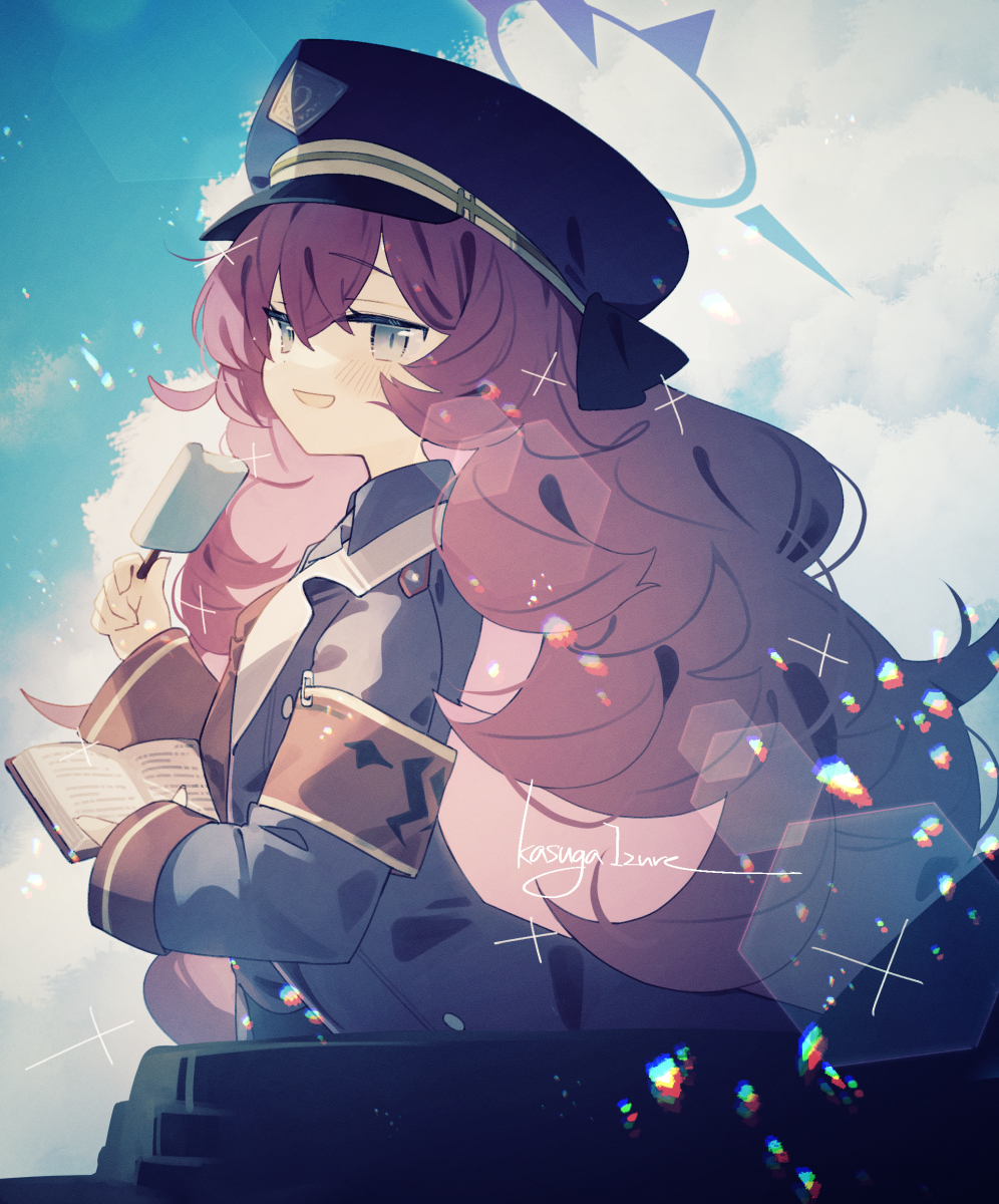 1girl, artist_name, blue_archive, blue_eyes, blue_sky, blush, book, clouds