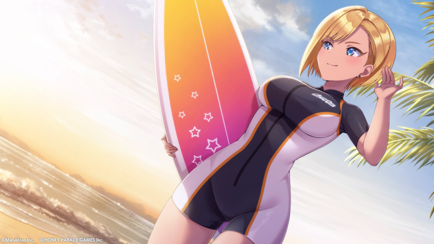1girl, arm_up, beach, blue_eyes, dark-skinned_female, dark_skin, dolphin_wave, dutch_angle, earrings, highres, holding, holding_surfboard, jewelry, murahaya_mashio, official_art, one-piece_swimsuit, ootomo_takuji, short_hair, solo, surfboard, swept_bangs, swimsuit