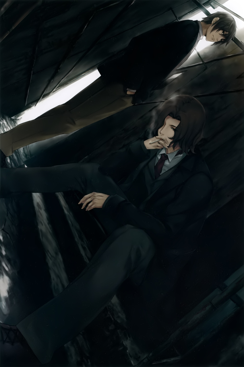 2boys, absurdres, alley, black_hair, black_suit, cigarette, formal, highres